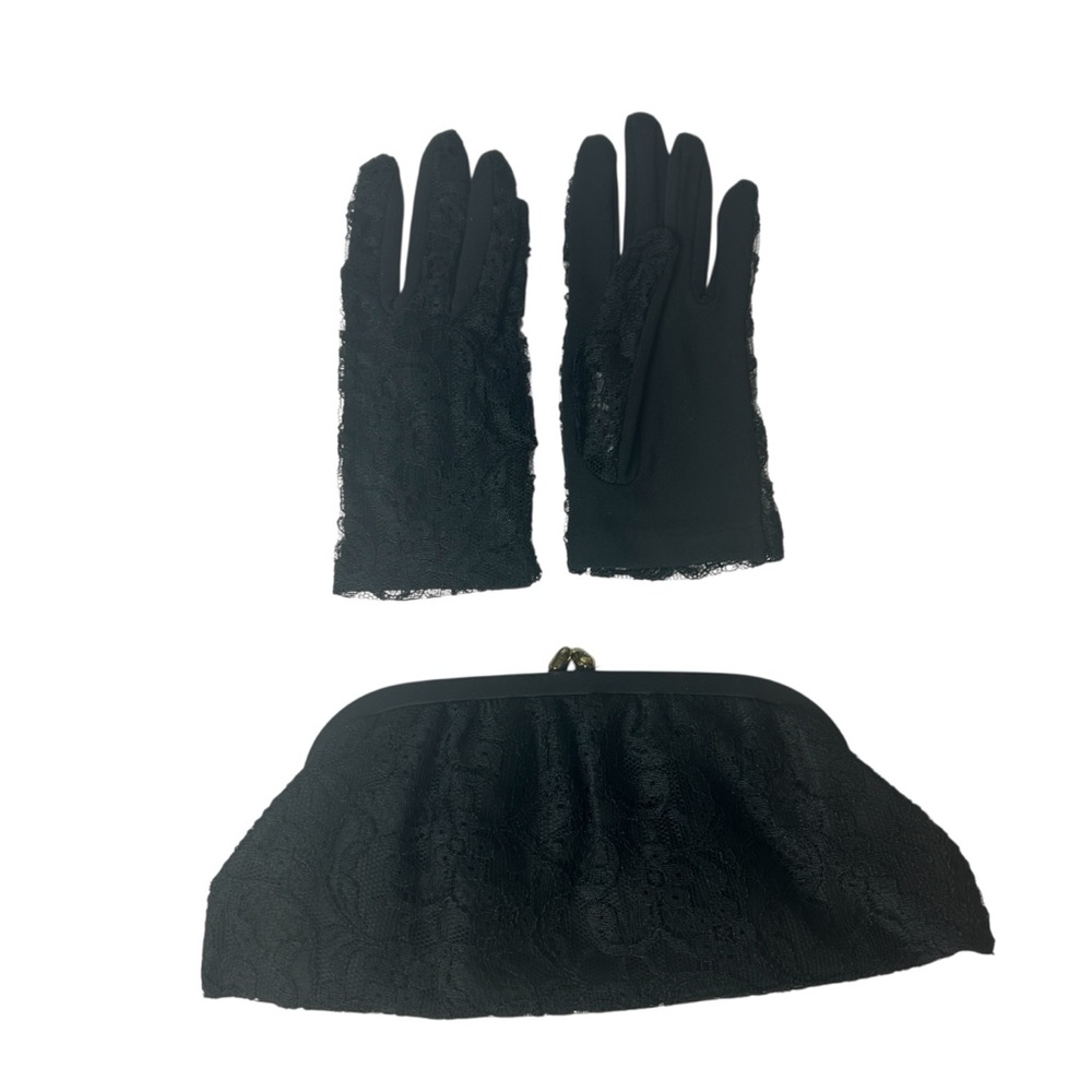 Rare Finale Black Lace Vintage Gloves & Matching Clutch Wallet Evening Set